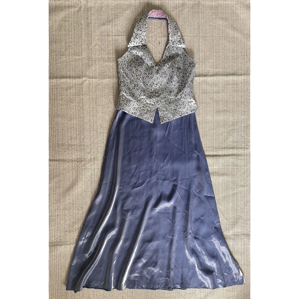 Patra Evening Gown 14 Silver Metallic Halter Top Chiffon Skirt Formal Dress USA - Picture 9 of 12